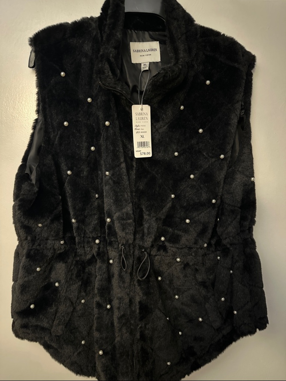 Sabrina Lauren Black Faux-Fur Pearl-Embellished Vest